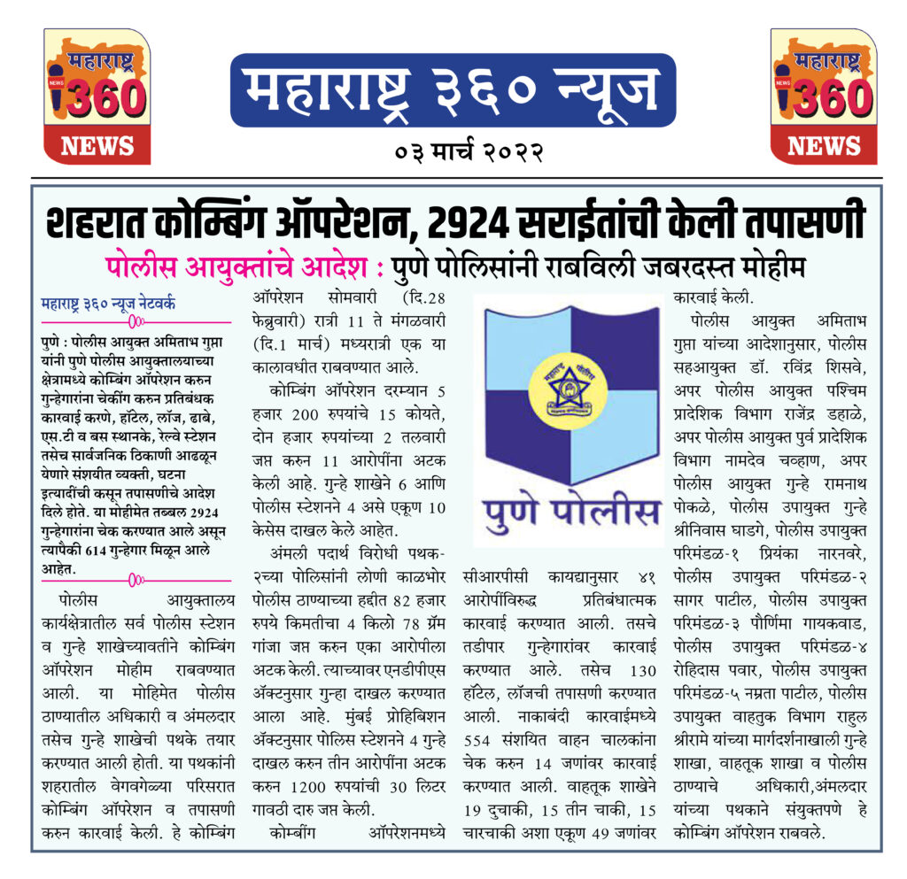 शहरात कोम्बिंग ऑपरेशन, 2924 सराईतांची केली तपासणी 1 03 03 2022.2